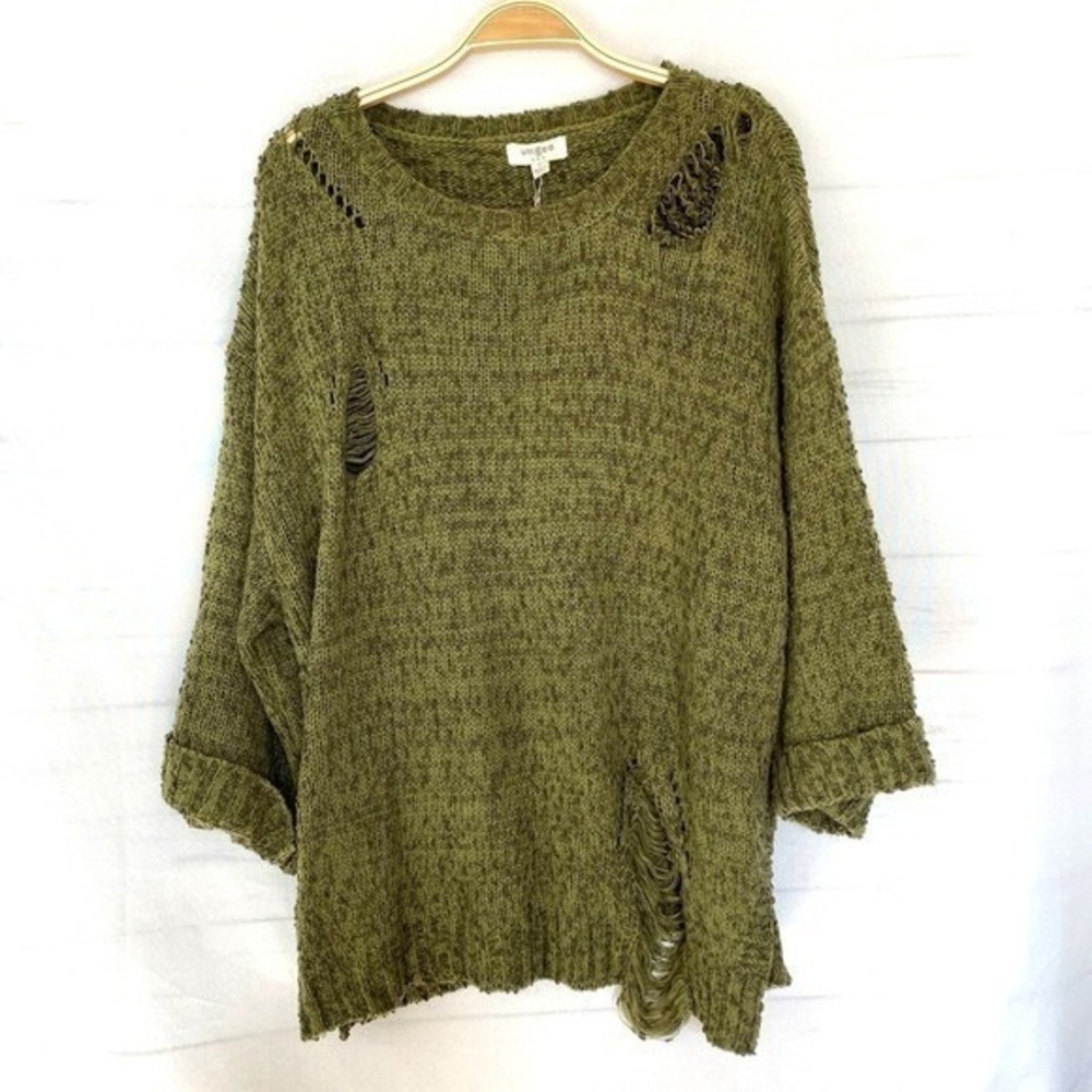 Umgee Boho Grunge Distressed Thrashed Sweater Women M Green Goblincore Indie NWT